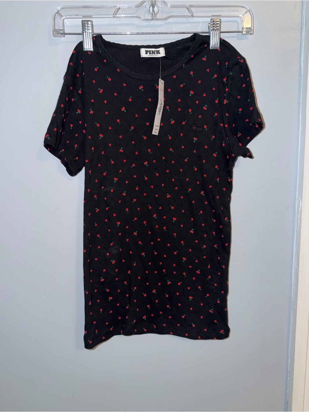 PINK Victoria’s Secret Cherry Print Pointelle Tee Women’s Small NWT